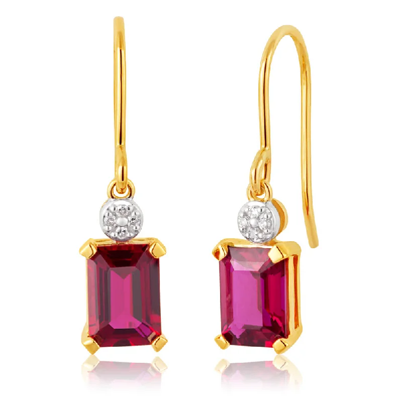 Customizable Earrings For Personalized Gifts-9ct Yellow Gold Created Ruby and Diamond Drop Earrings