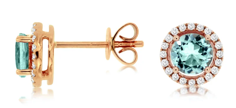 Stud Earrings For Simple Elegance-Aquamarine & Diamond Halo Stud Earrings in 14kt Rose Gold