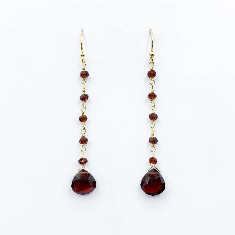 Statement Earrings For Special Occasions-Garnet Drop Earrings Gold Filled with Beaded Chain