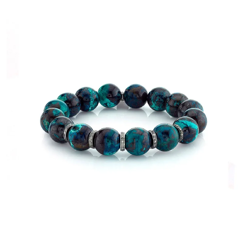 Beautiful Vintage Bracelets For Retro Style-Chrysocolla Bracelet With Five Diamond Rondelles - 11mm B0000843