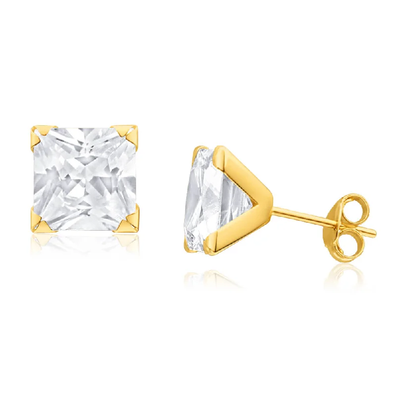 Soft Gold Earrings For Graceful Looks-9ct Yellow Gold Cubic Zirconia 8mm Princess Stud Earrings