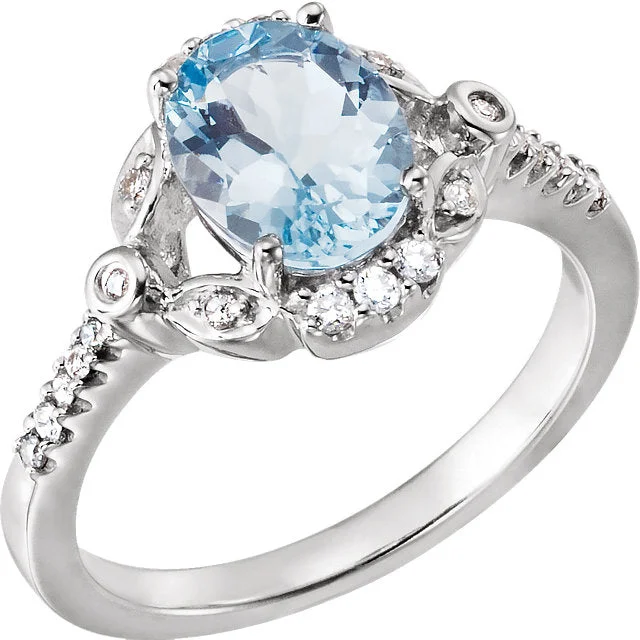 Simple Silver Rings For Minimalist Style-14k White Gold Genuine Oval Aquamarine & Diamond Accented Ring