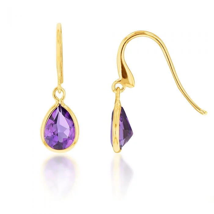 Bright Silver Earrings For Fashion Statements-9ct Yellow Gold Amethyst Pear Drop Earrings