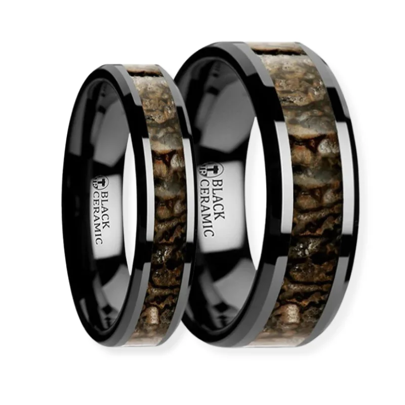 Custom Birthstone Rings For Special Occasions-Thorsten SILURIAN Dinosaur Bone Inlaid Black Ceramic Beveled Edged Ring 4 - 8mm