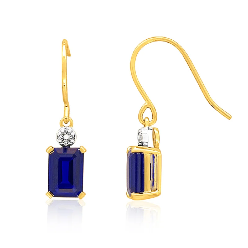 Timeless Earrings For Classic Fashion-9ct Yellow Gold Created Sapphire Drop Earrings with Diamonds