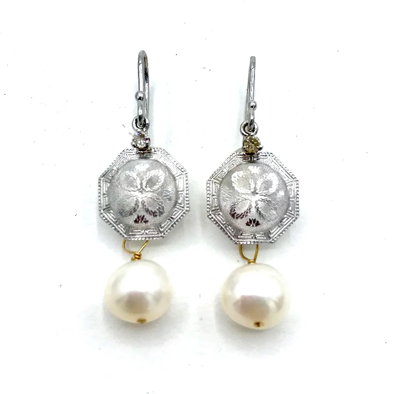 Gold Drop Earrings For Special Events-Engraved White Gold and Pearl Earrings w/ Diamonds