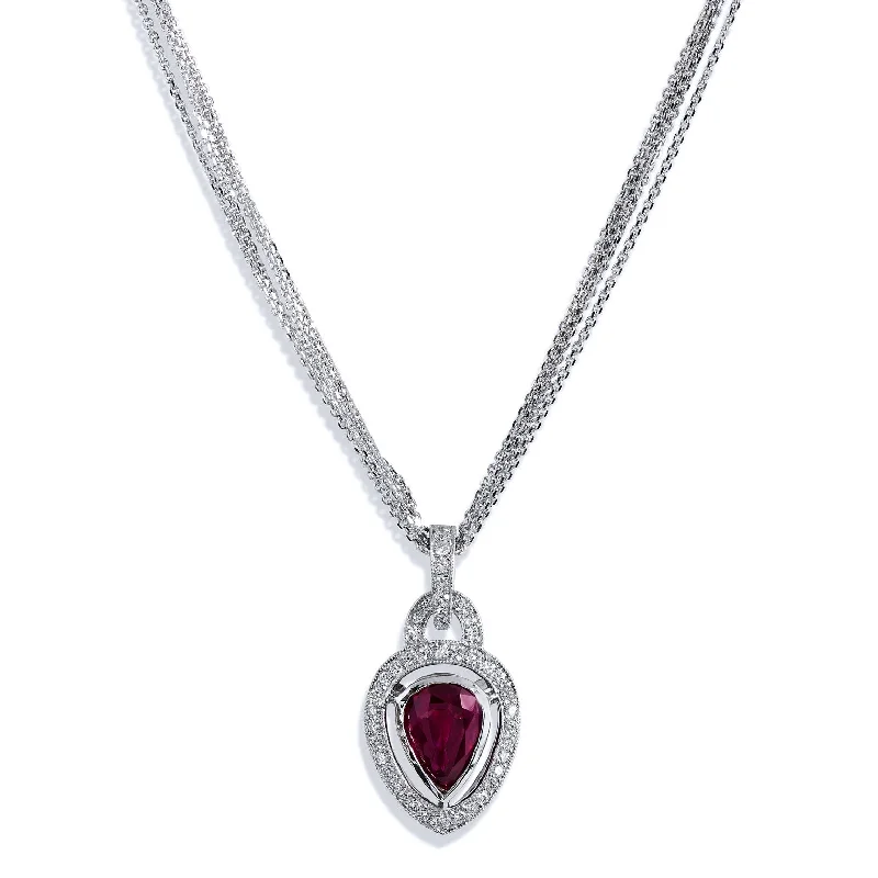 Pear-Shaped Burmese Ruby and Diamond White Gold Pendant Necklace