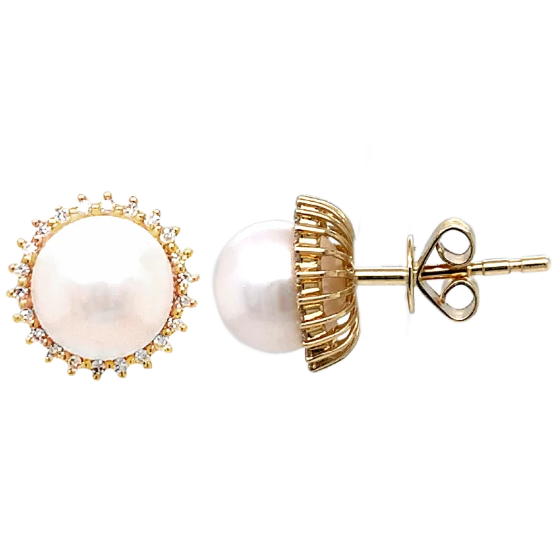 Statement Earrings For Special Occasions-14k Yellow Gold Pearl Earrings with Diamond Halo