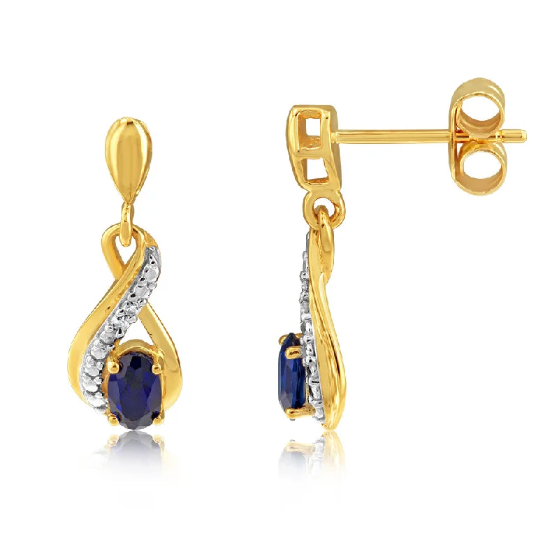 Minimalist Earrings For Daily Wear-9ct Yellow Gold Created Sapphire And Diamond Infinity Earrings