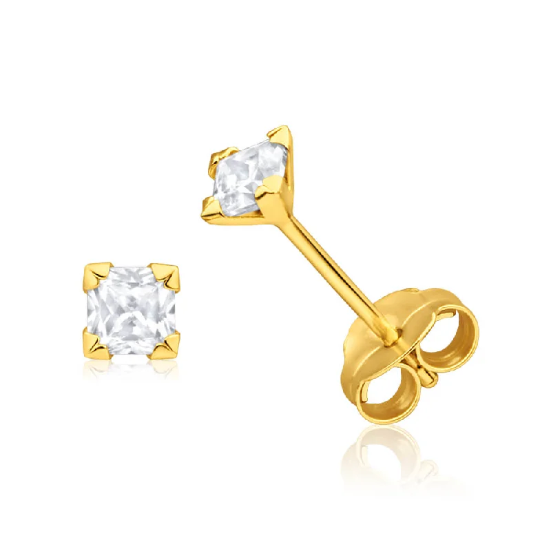 Fashionable Earrings For Young Women-9ct Yellow Gold Cubic Zirconia 3mm Princess Cut Stud Earrings