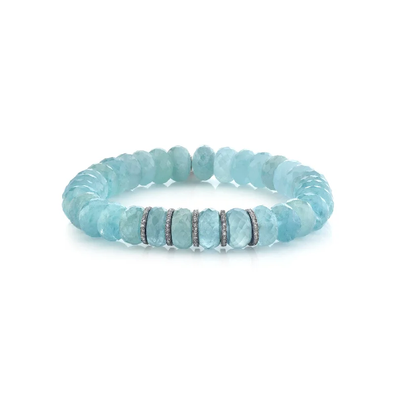 Timeless Adjustable Bracelets For Comfortable Wear-Aquamarine Faceted Bracelet with Five Diamond Rondelles - 10mm  B0001929