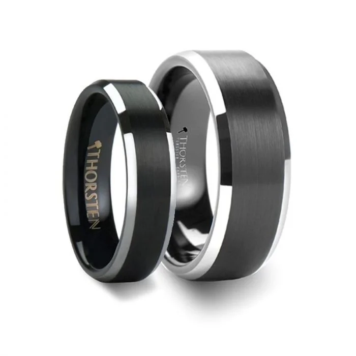 Elegant Rose Gold Wedding Bands For Bridal Glam-Thorsten ASTON Black Brushed Center Tungsten Ring with Polished Beveled Edges - 4mm - 10mm