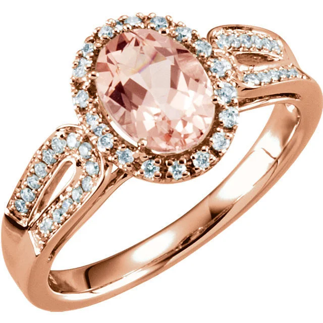 Beautiful Stackable Rings For Layered Looks-14k Gold Oval Morganite & 1/5 CTW Diamond Halo Double Shank Ring - White or Rose