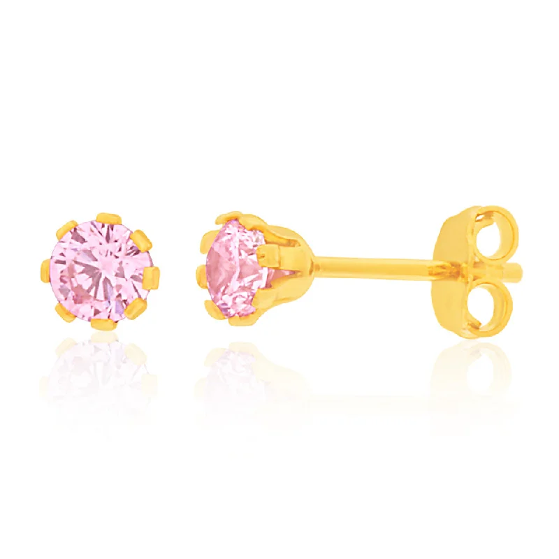 Fashionable Earrings For Casual Looks-9ct Yellow Gold Silver Filled Pink Cubic Zirconia Stud Earrings