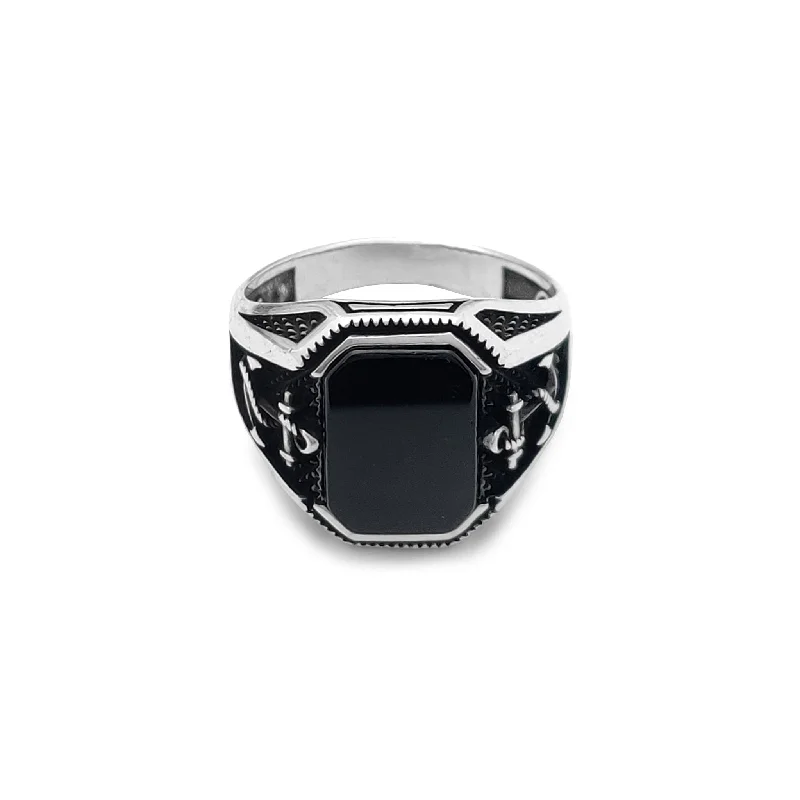 Luxury Engagement Rings For Stylish Brides-Black Onyx Anchor Ring (Silver)