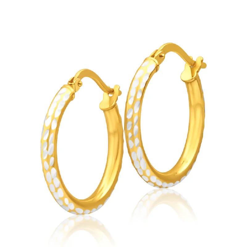 Fashion Earrings For Casual Gatherings-9ct Yellow Gold Silver Filled 15mm Hoop Earrings with diamond cut feature