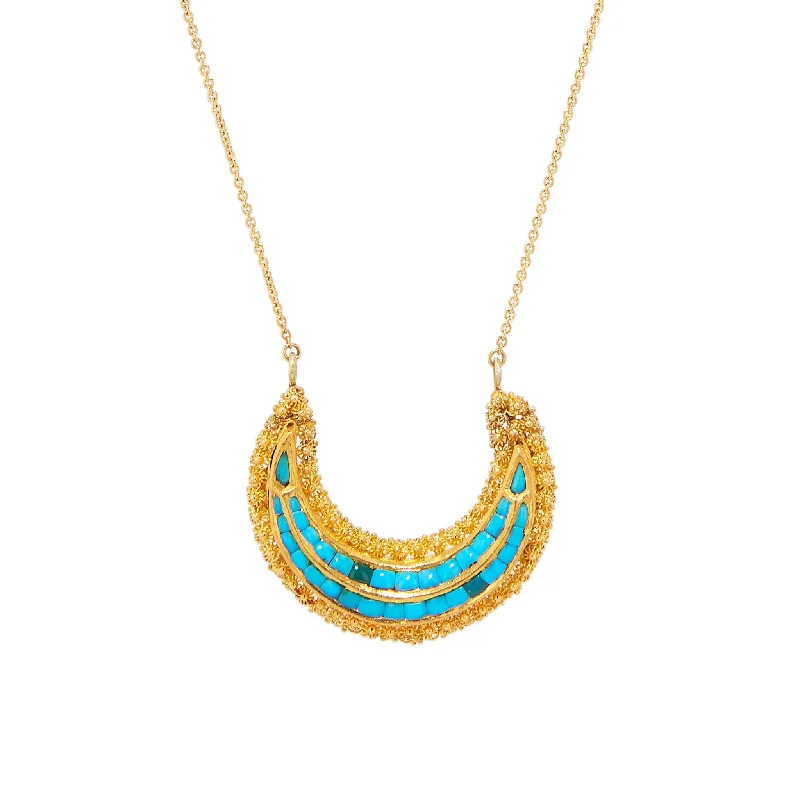 Victorian Natural Turquoise Yellow Gold Crescent Shape Pendant Necklace