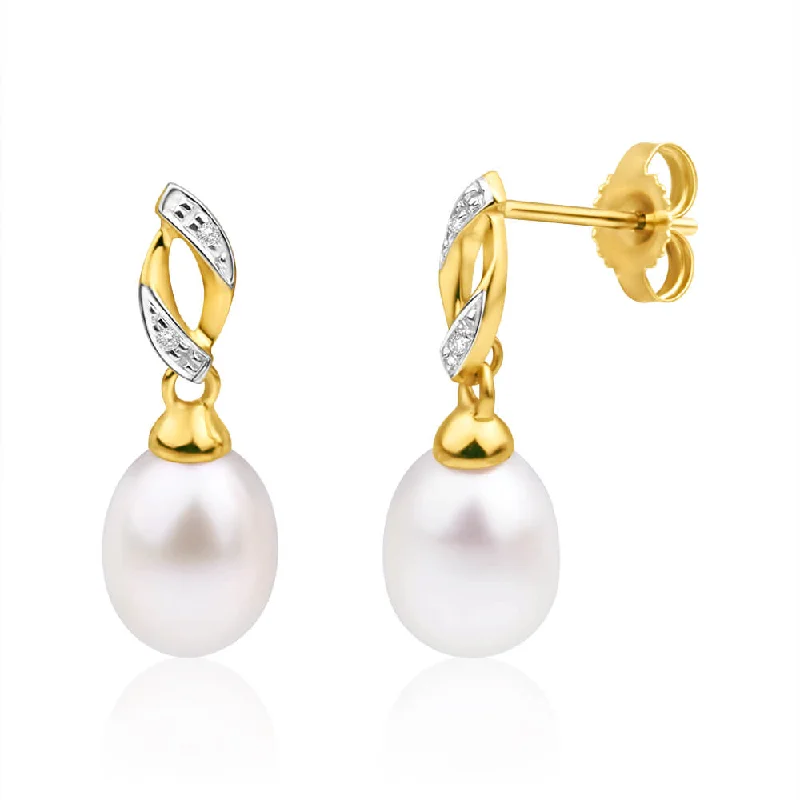 Vintage Style Earrings For Classic Looks-9ct Yellow Gold Freshwater Pearl and Diamond Drop Earrings