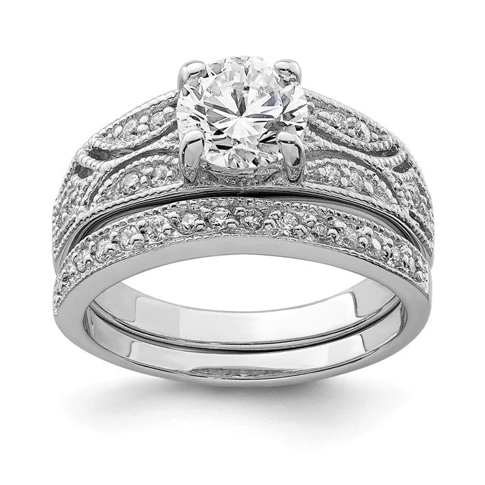 Custom Wedding Bands For Unique Vows-Sterling Silver 2 Piece CZ Round Center Promise Wedding Ring Set