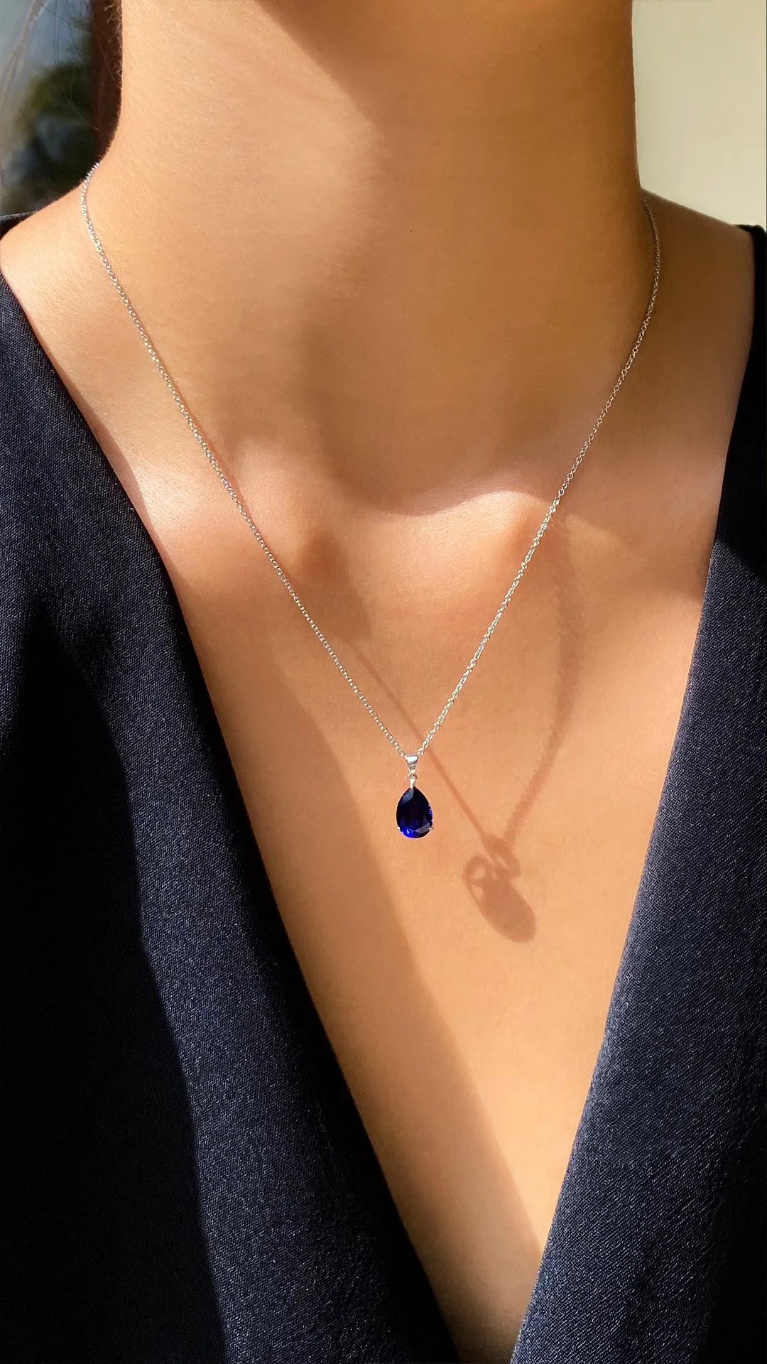 Pear Cut Blue Sapphire Charm Necklace