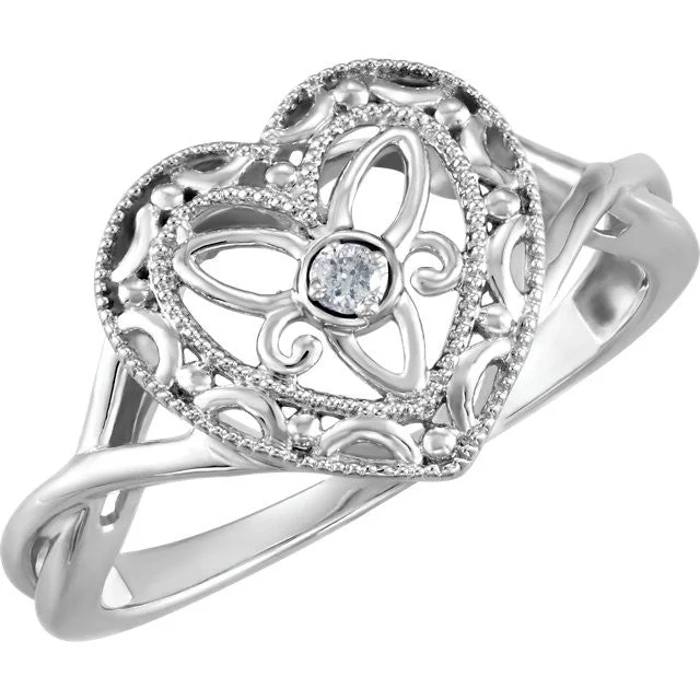 Classic Solitaire Rings For Timeless Elegance-Sterling Silver Genuine Diamond Heart Crossed Band Filigree Ring