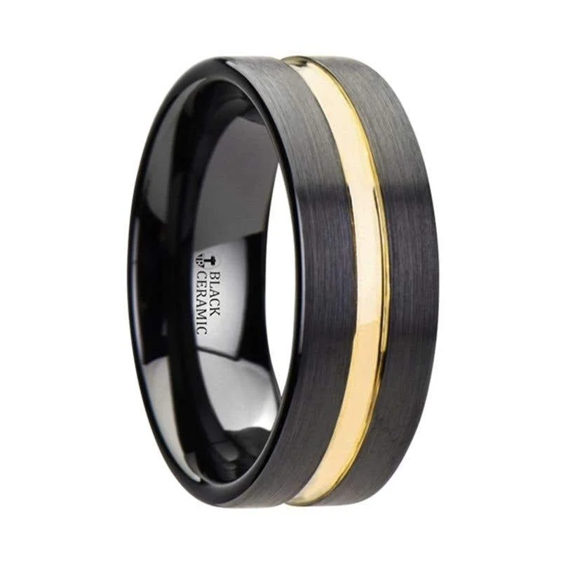 Colorful Gemstone Rings For Fun Fashion-Thorsten VIVALDI Black Ceramic Wedding Band With Yellow Gold Groove - 4mm 6mm or 8mm