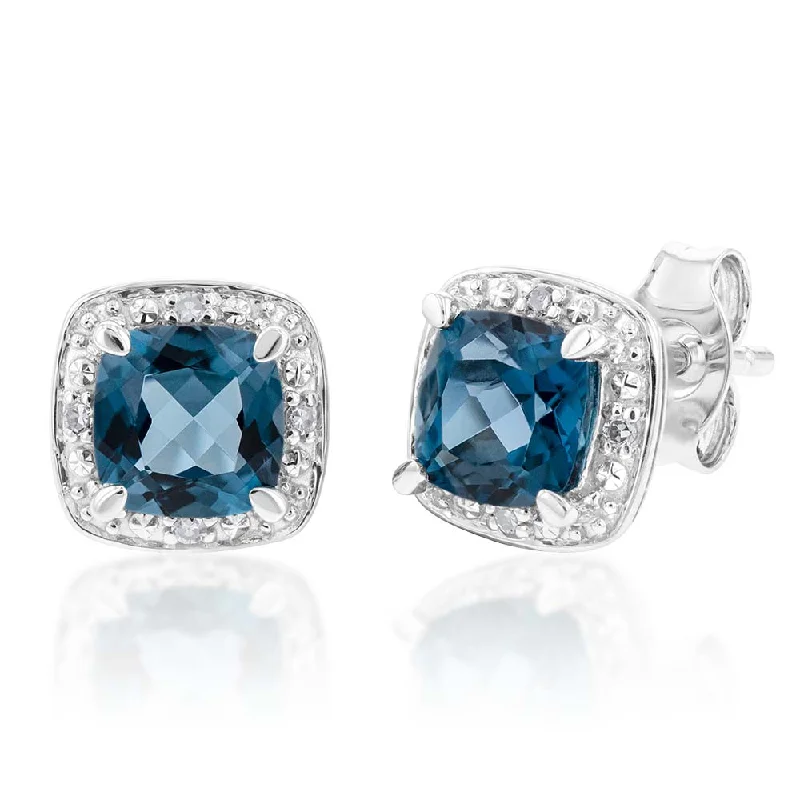 Retro Earrings For Old School Style-9ct White Gold 1.40ct London Blue Topaz and Diamond Stud Earrings