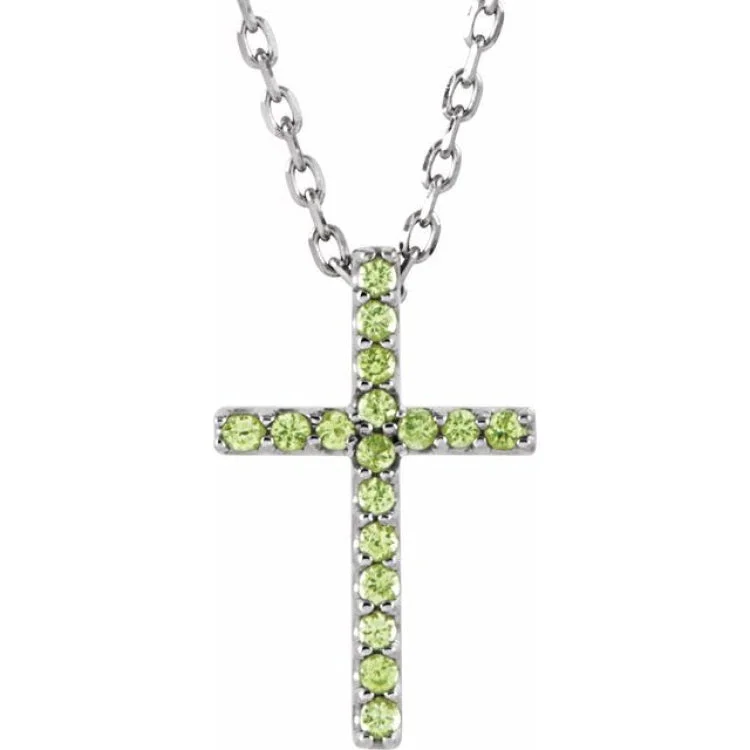 14K White Natural Peridot Petite Cross 16" Necklace