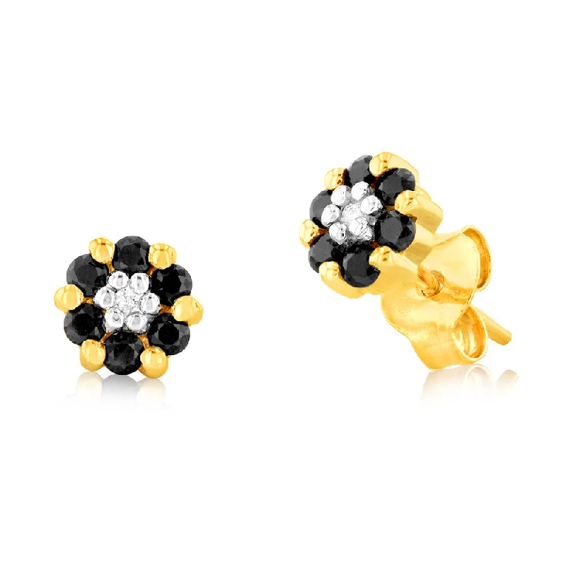 Elegant Silver Earrings For Evening Wear-Natural Dark Round Sapphire 1.6mm & Small Diamond Flower Stud Earrings in 9ct Yellow Gold