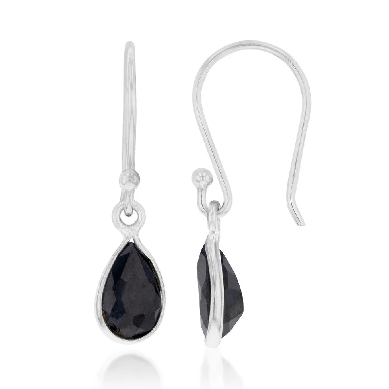 Affordable Earrings For Budget-Friendly Style-Sterling Silver Black Sapphire Pear Hook Drop Earrings