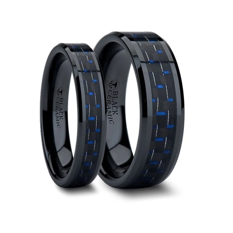 Colorful Engagement Rings For Bold Brides-Thorsten AVITUS Black Beveled Ceramic Ring w/ Blue & Black Carbon Fiber Inlay 4-10mm