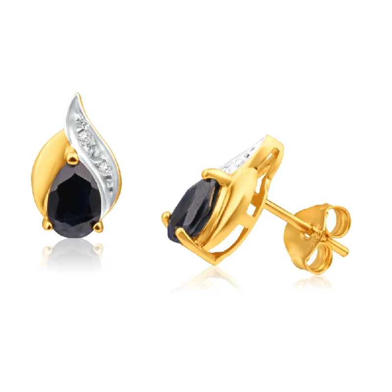 Sophisticated Earrings For Work Wear-9ct Yellow Gold Natural Sapphire and Diamond Flame Stud Earrings