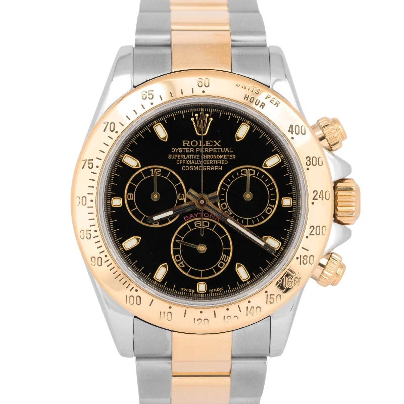 Fashionable Rose Gold Watches For Modern Looks-Rolex Daytona Cosmograph 40mm Black Two-Tone 18K Yellow Gold Steel Watch 116523