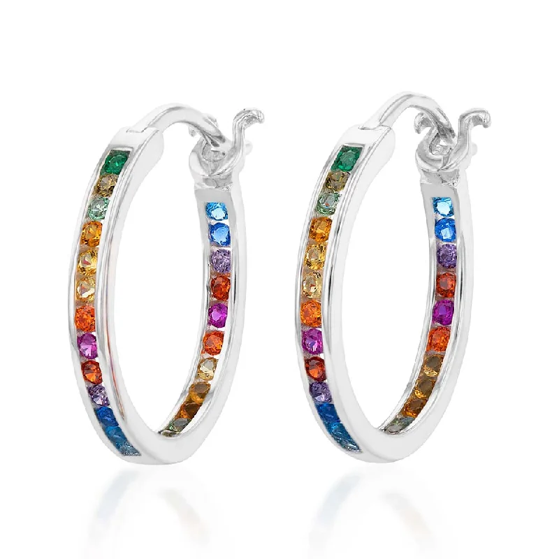 Artistic Stud Earrings For Unique Charm-Sterling Silver Multicolour Rainbow Cubic Zirconia 20mm Hoop Earrings