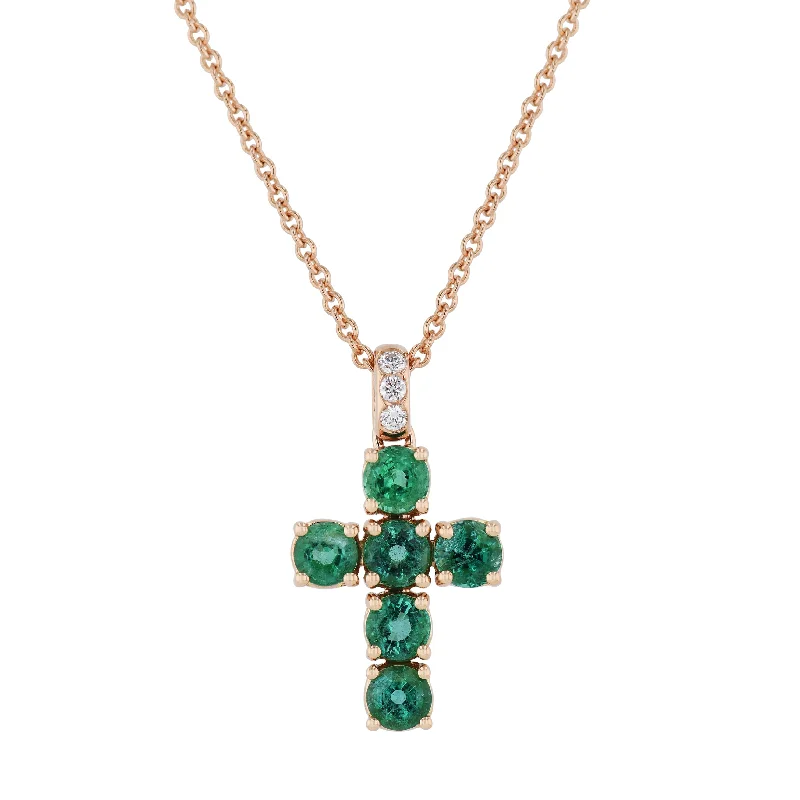 Rose Gold Emerald Pave Diamond Cross Necklace