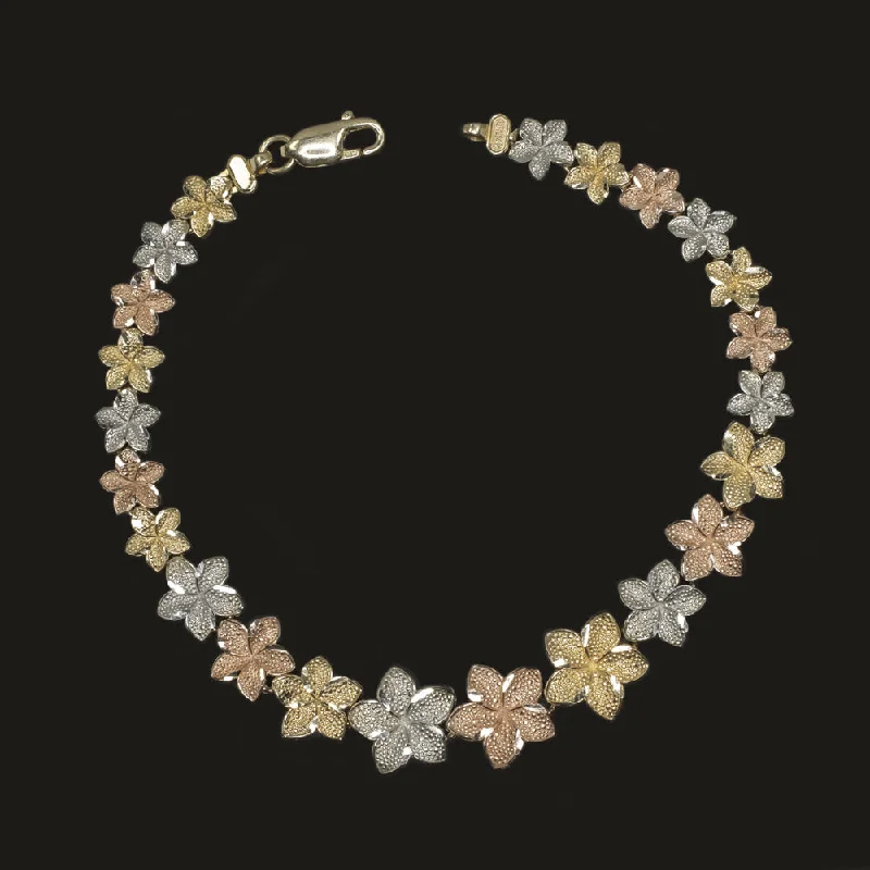 Timeless Gold-Chain Bracelets For Luxury Fashion-TRI TONE 14k GOLD FLOWER BRACELET GRADUATED LILY BLOSSOM SOLID YELLOW WHITE ROSE