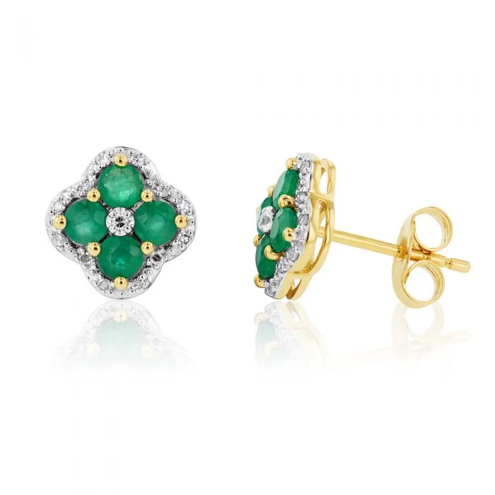 Vibrant Gemstone Earrings For Bold Looks-9ct Yellow Gold 1ct Natural Emerald and 0.10 Carat Diamond 4 Leaf Clover Stud Earrings