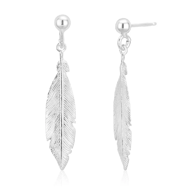 Bright Pink Earrings For Bold Statements-Sterling Silver Feather Drop Stud Earrings