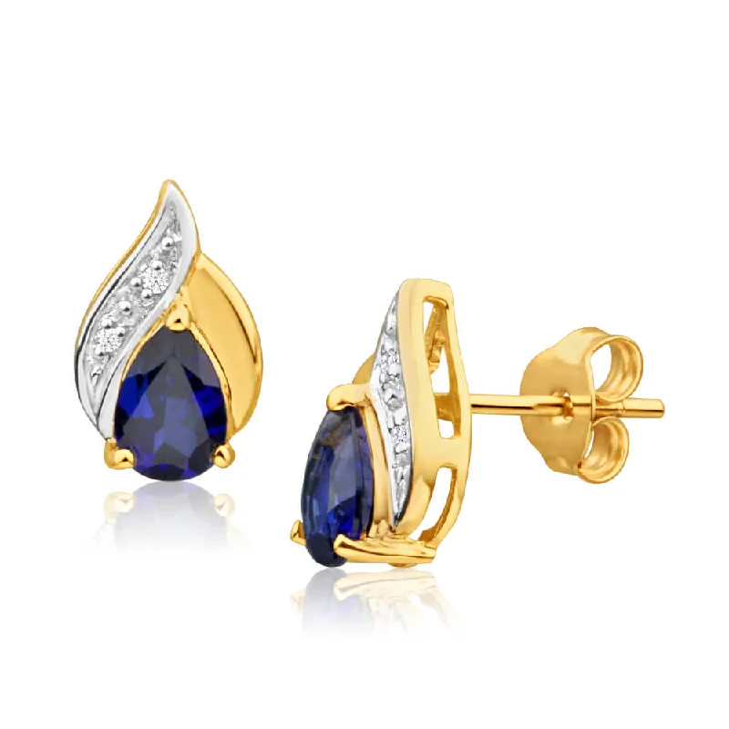 Vibrant Crystal Earrings For Bright Looks-9ct Yellow Gold Created Blue Sapphire + Diamond Stud Earrings