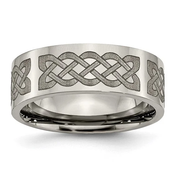 Unique Wedding Bands For Creative Couples-Titanium Flat 8mm Celtic Knot Laser Design Polished Band