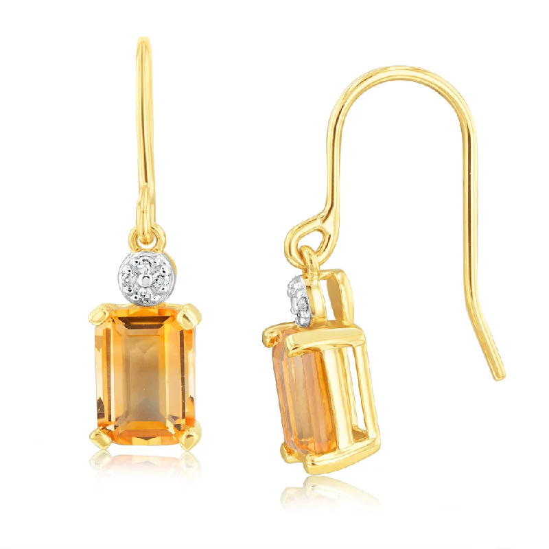 Luxurious Earrings For VIP Looks-9ct Yellow Gold Citrine And Diamond Drop Earrings