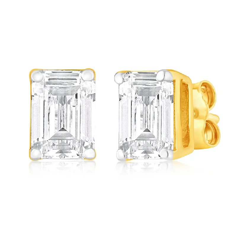 Shiny Earrings For Special Celebrations-Luminesce Lab Grown Emerald Shaped 1 Carat Diamond Stud Earrings in 14ct Yellow Gold