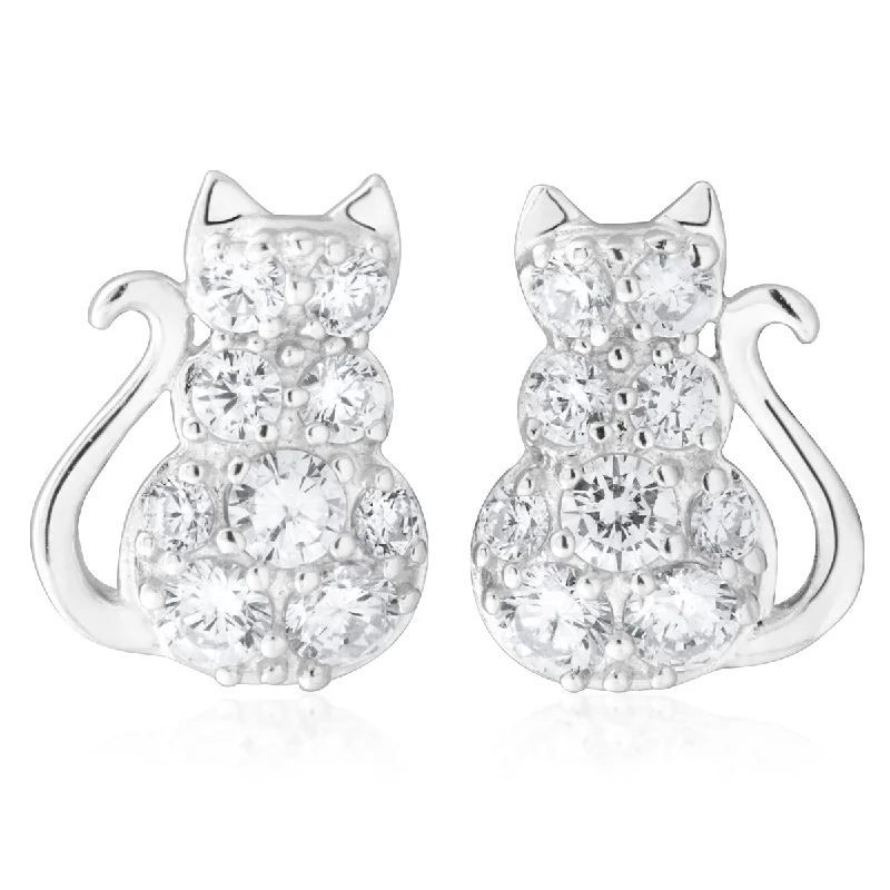 Stunning Earrings For Evening Glam-Sterling Silver Zirconia Sitting Cat Earrings