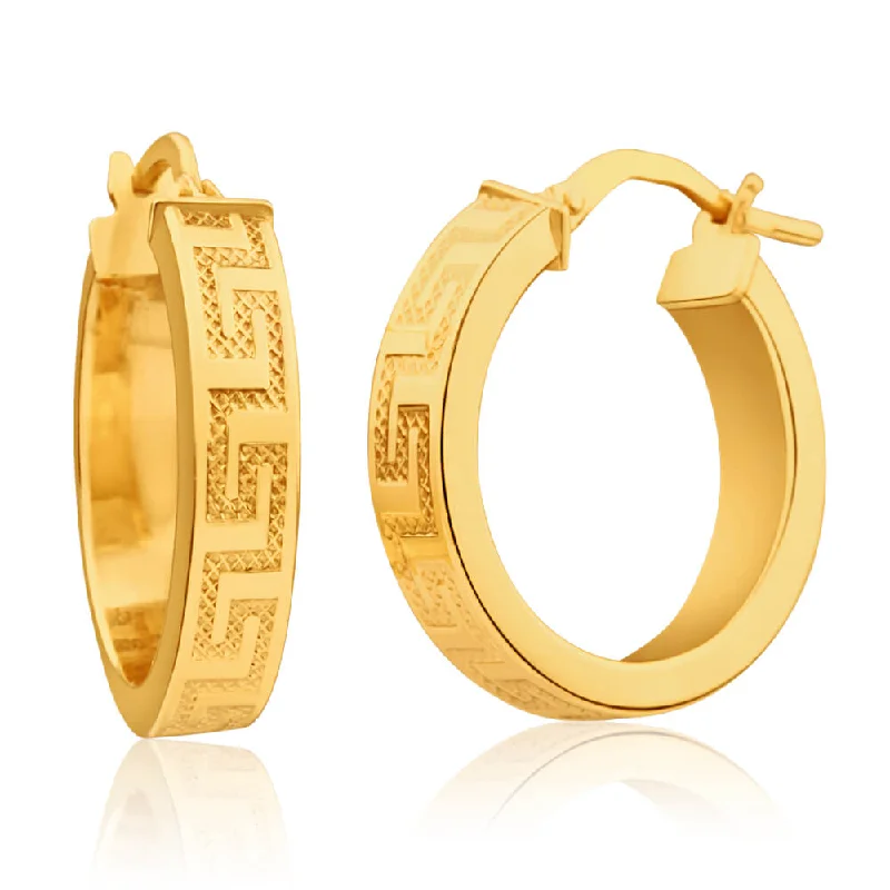 Trendy Resin Earrings For Cool Looks-9ct Yellow Gold Silver Filled Greek Key 15mm Hoop Earrings