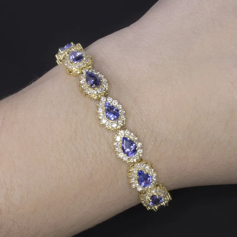 Custom Sterling Silver Bracelets For Personalized Gifts-TANZANITE DIAMOND BRACELET 18k YELLOW GOLD PEAR SHAPE HALO 28 gram 19.5 CARAT