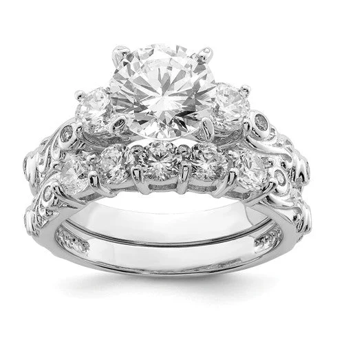 Classic Solitaire Rings For Timeless Elegance-Sterling Silver 2-Piece CZ Decorative Side Promise Wedding Ring Set