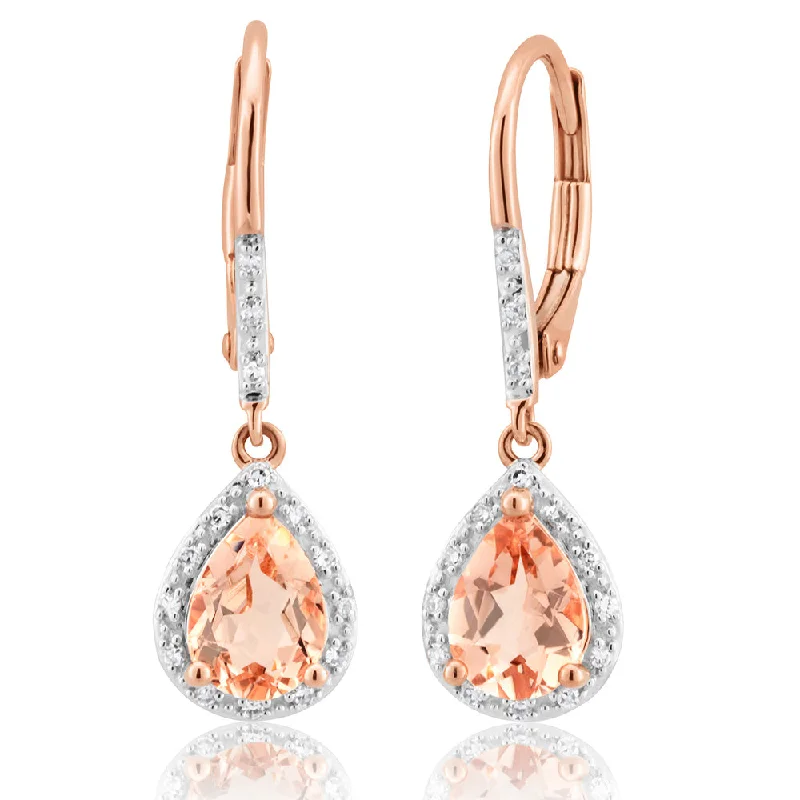 Antique Earrings For Vintage Lovers-9ct Rose Gold Morganite Pear & Diamond Drop Earrings