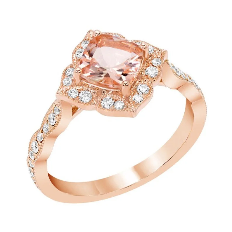 Sparkling Wedding Rings For Special Days-14k Rose Gold Cushion Cut Morganite Diamond Halo Engagement Ring