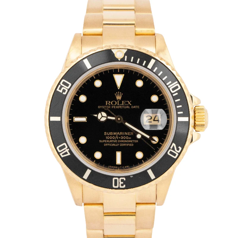 Elegant Watches With Gemstones For Special Occasions-PAPERS 1987 Rolex Submariner Date Black 18K Yellow Gold 40mm 16808 Watch BOX