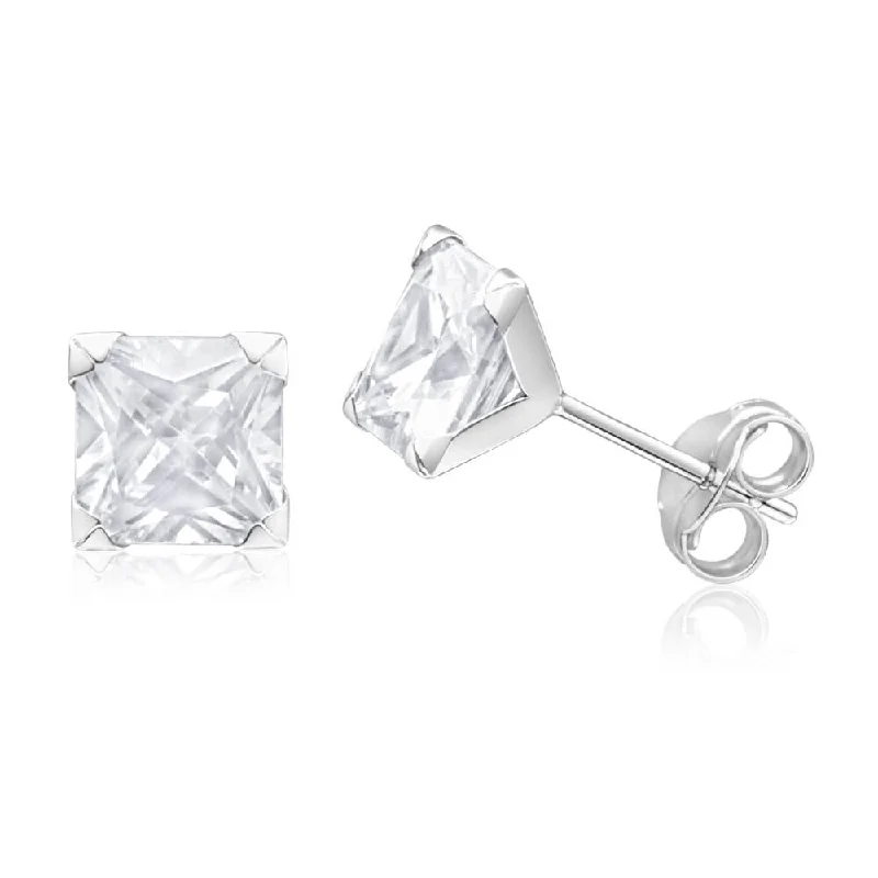 Silver Chain Earrings For Minimalist Style-9ct White Gold Princess Cut 6mm Cubic Zirconia Stud Earrings